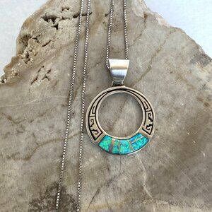 VTG Sterling Silver 925 Navajo Opal Inlay Southwest Style Pendant Necklace 18"